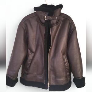 Brown Moto Aviator Coat with Black Sherpa Lining LIKE NEW
